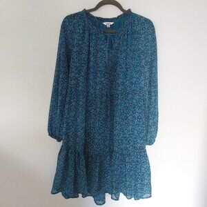 Studio A Blue Floral Print Long Peasant Sleeve Tiered Ruffle Babydoll Dress